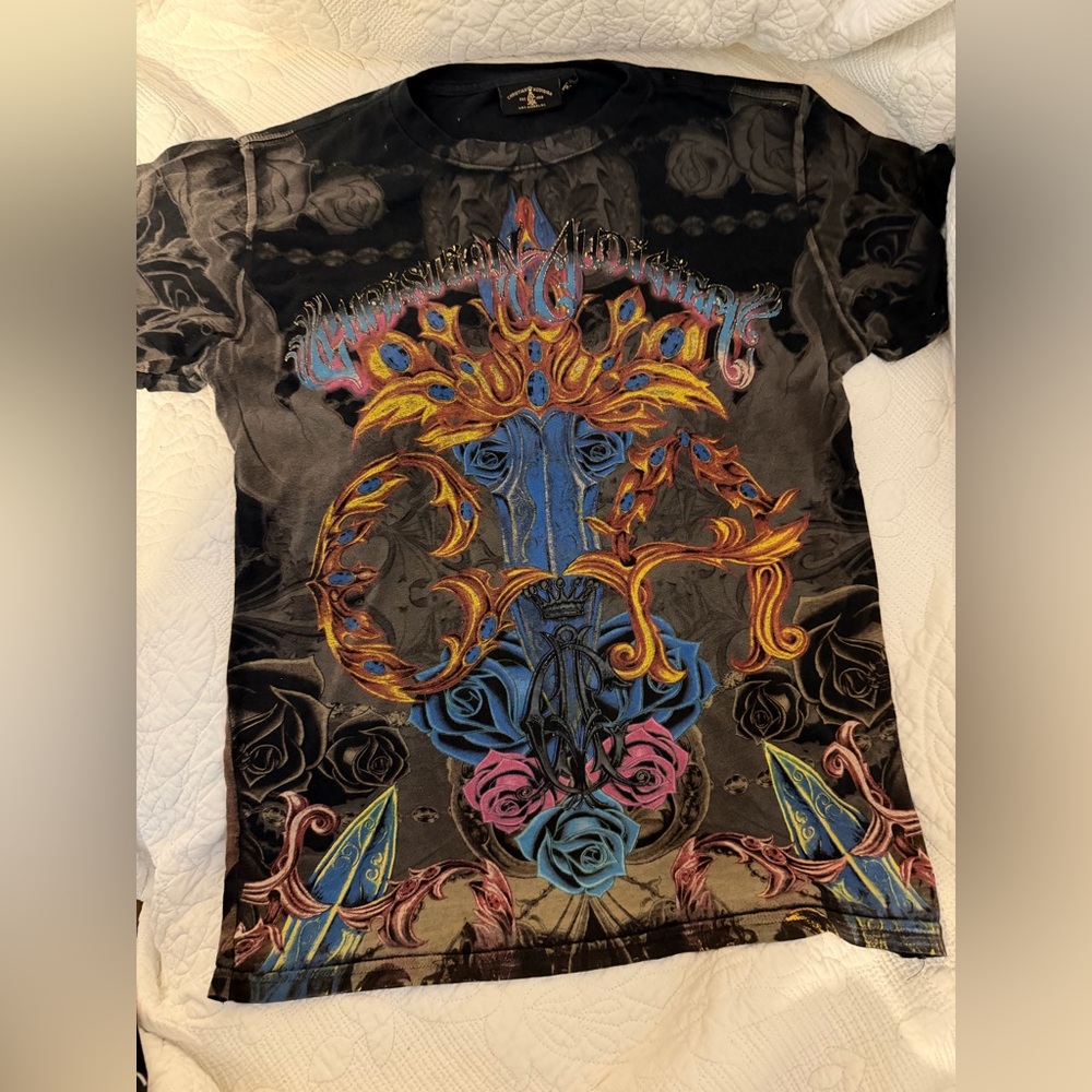 Christian Audigier Black and‎ Multicolor Graphic Tee